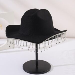 Women’s felt Rhinestone Tassel glam bling Decor costume Fedora Cowboy rodeo Hat
